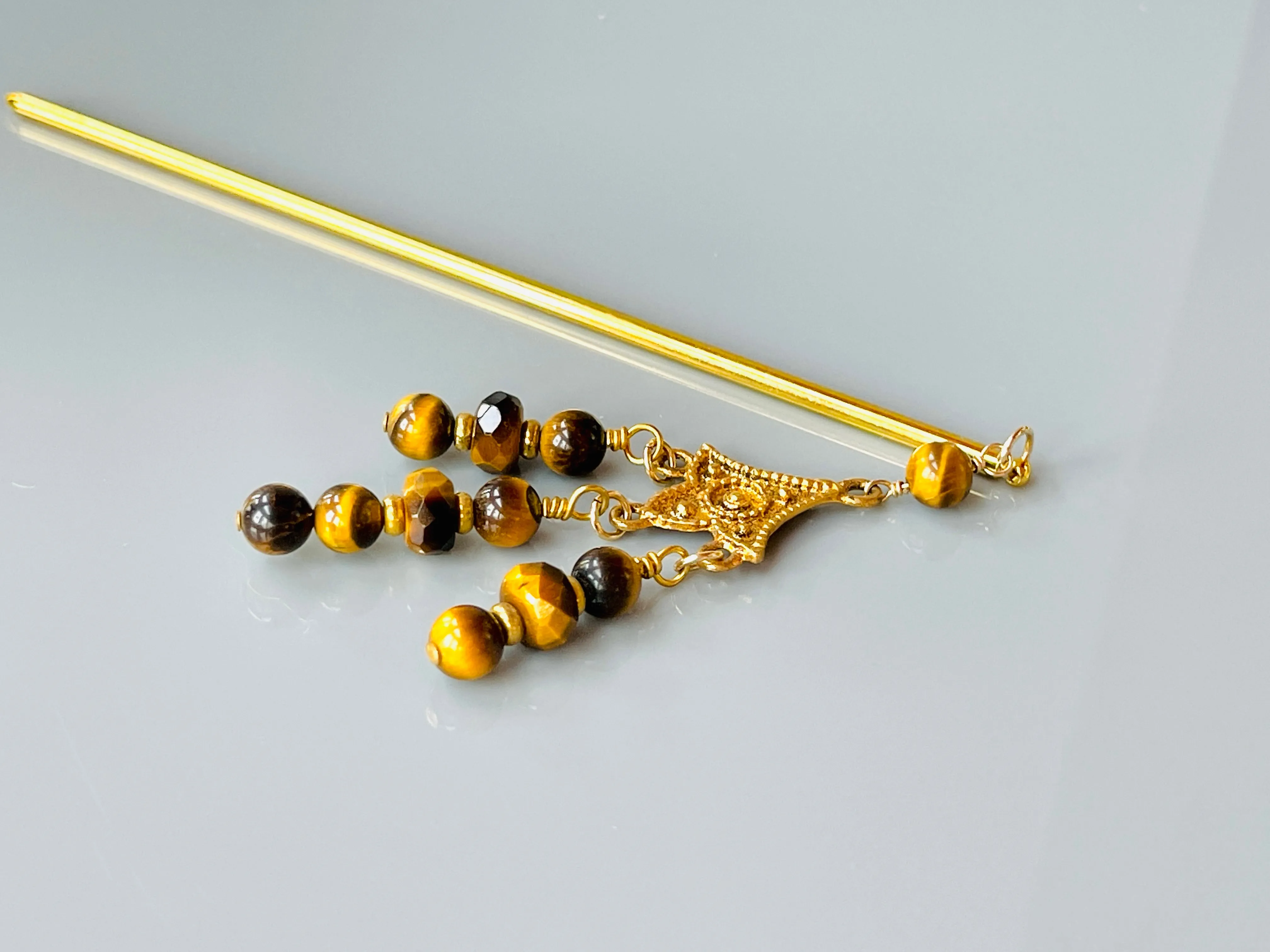 22k Gold Tigers Eye Hair Stick, luxury Japanese Hair Stick gold Kanzashi Hair Pin