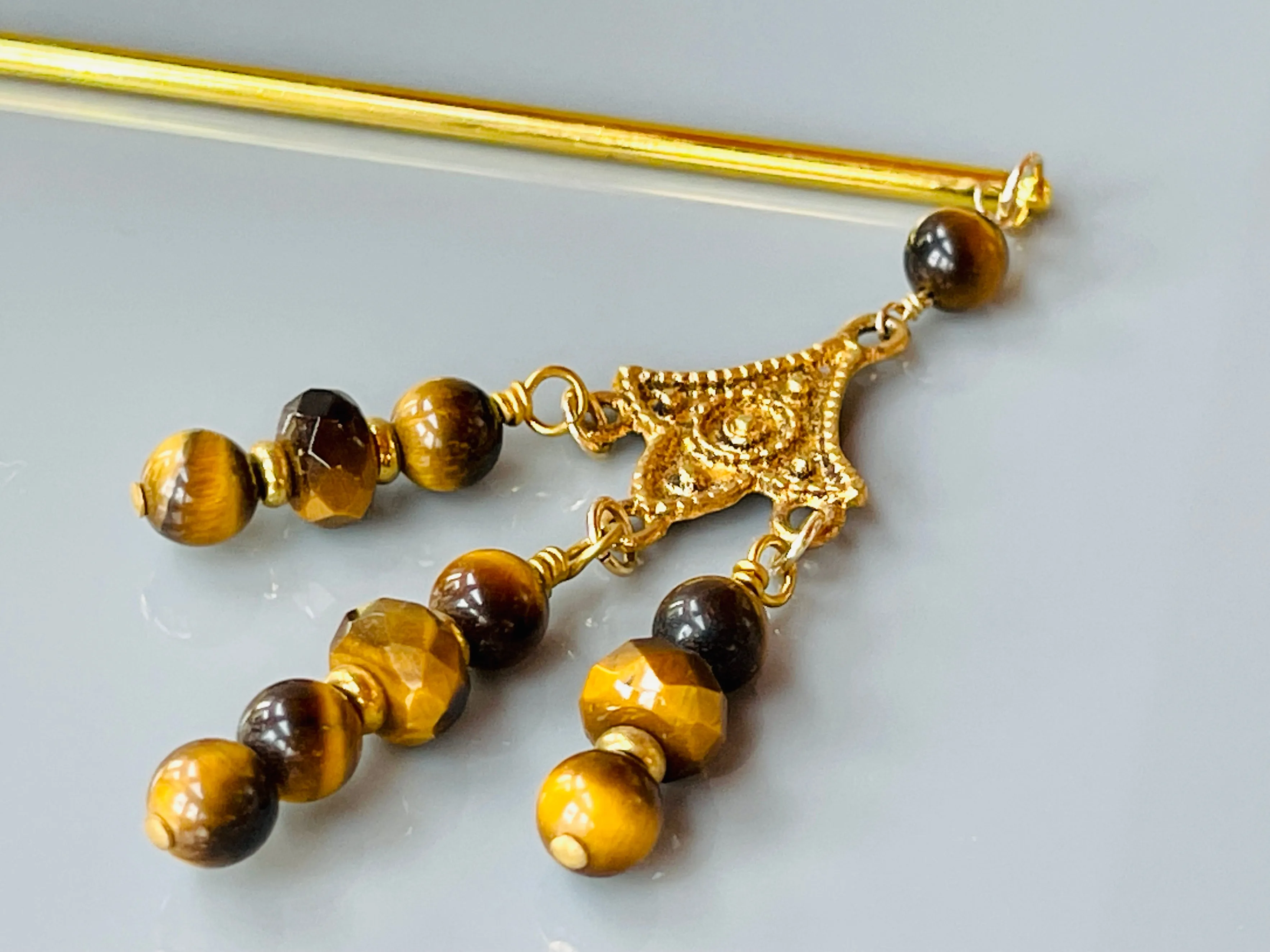 22k Gold Tigers Eye Hair Stick, luxury Japanese Hair Stick gold Kanzashi Hair Pin