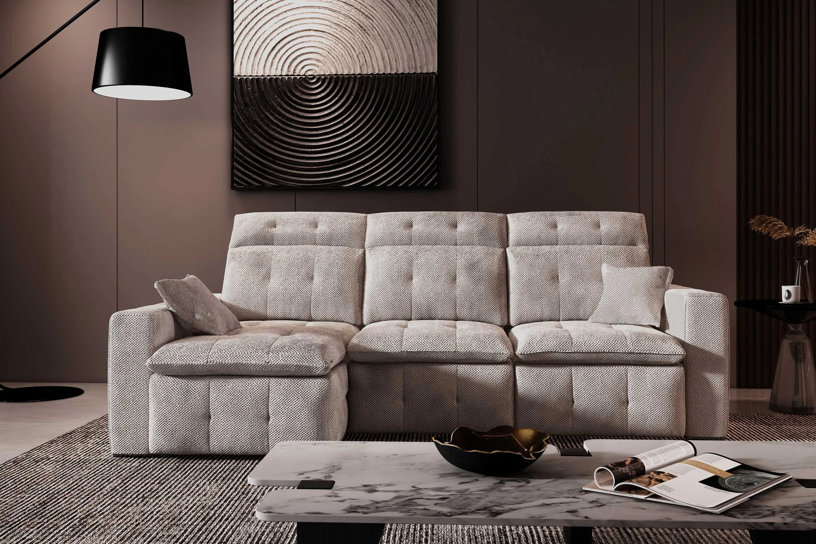 Aldo Sliding Seat Fabric Sectional Sofa with Storage