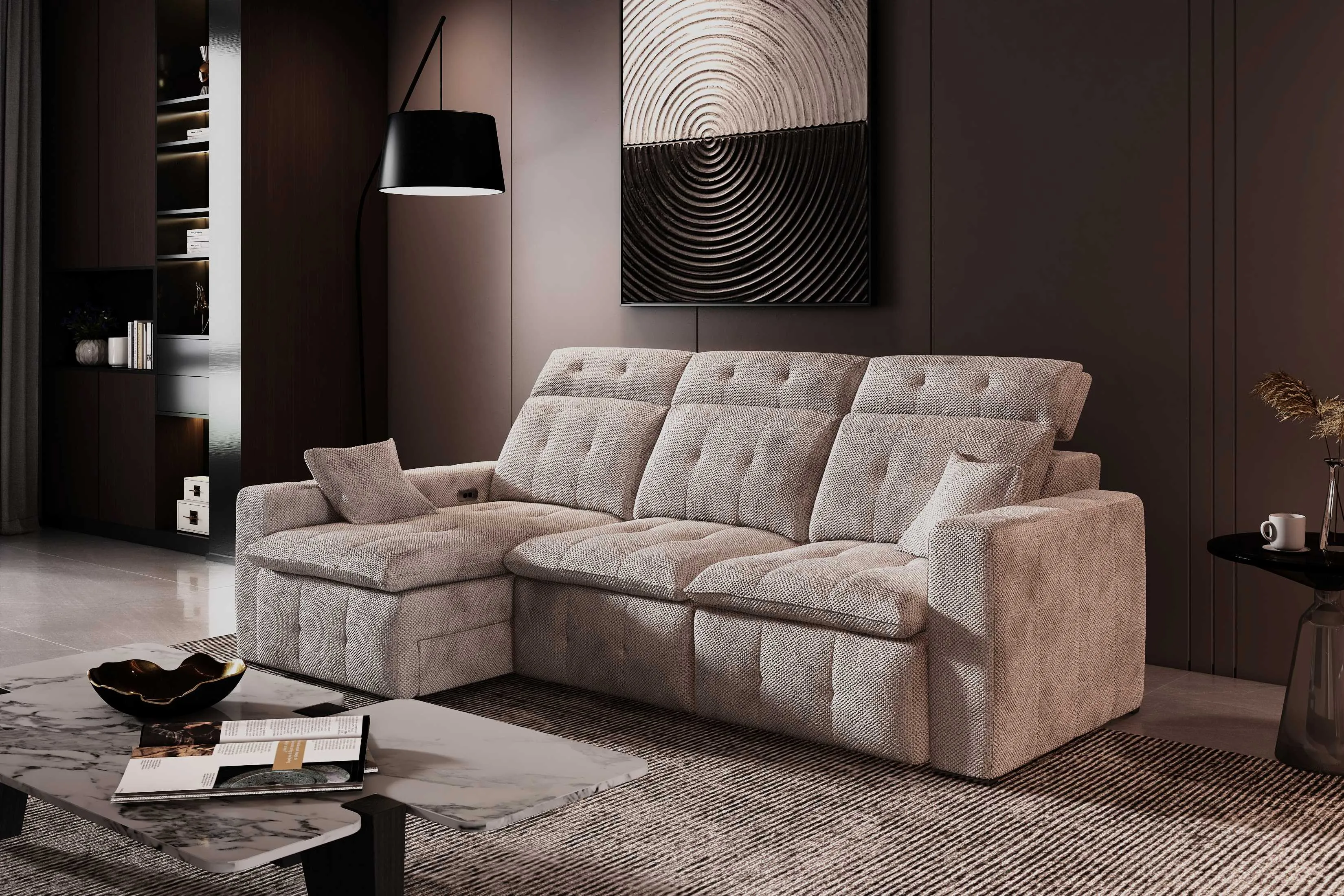 Aldo Sliding Seat Fabric Sectional Sofa with Storage