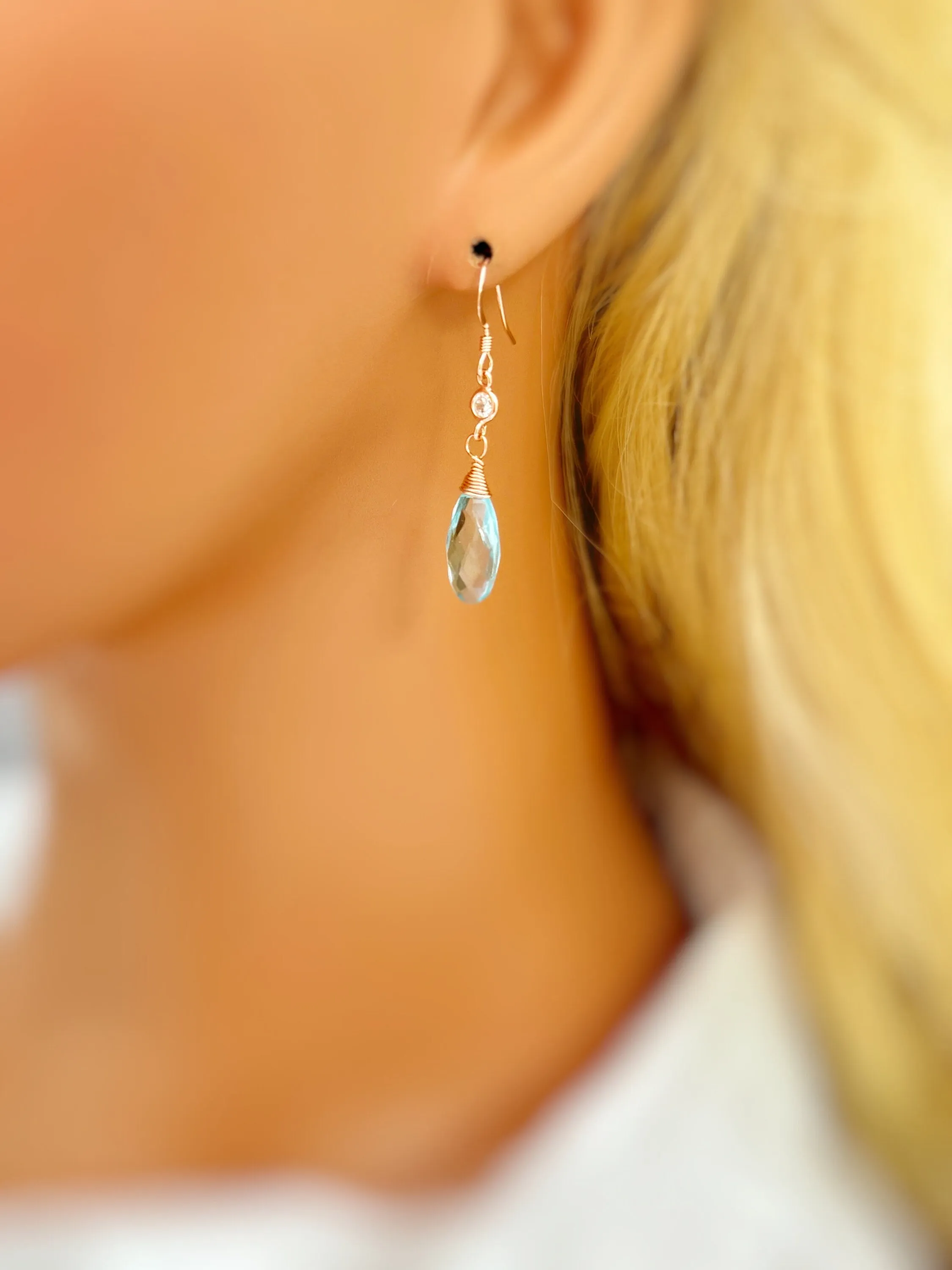 Aquamarine and Crystal Earrings dangle, Rose Gold, Gold, Silver