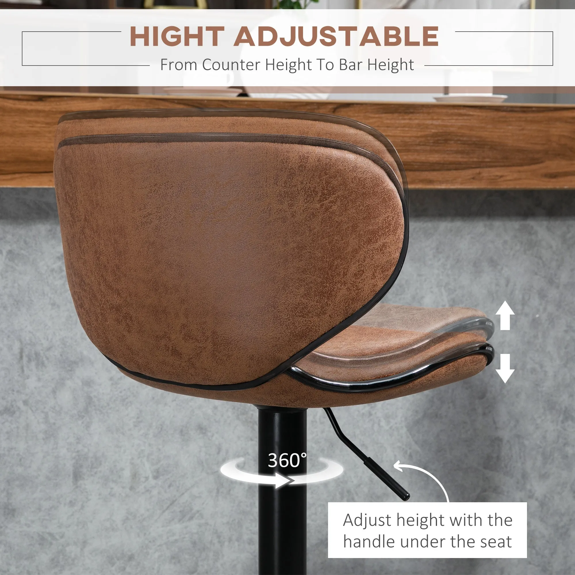 Bar Stool Set of 2 Microfiber Cloth Adjustable Height Armless Chairs with Swivel Seat, Brown