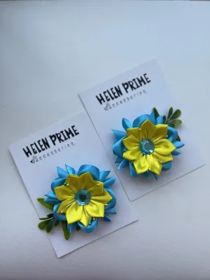 Blue and yellow Pigtail Bow Set Pinwheel Baby Bow Hello 1st Grade Accessories