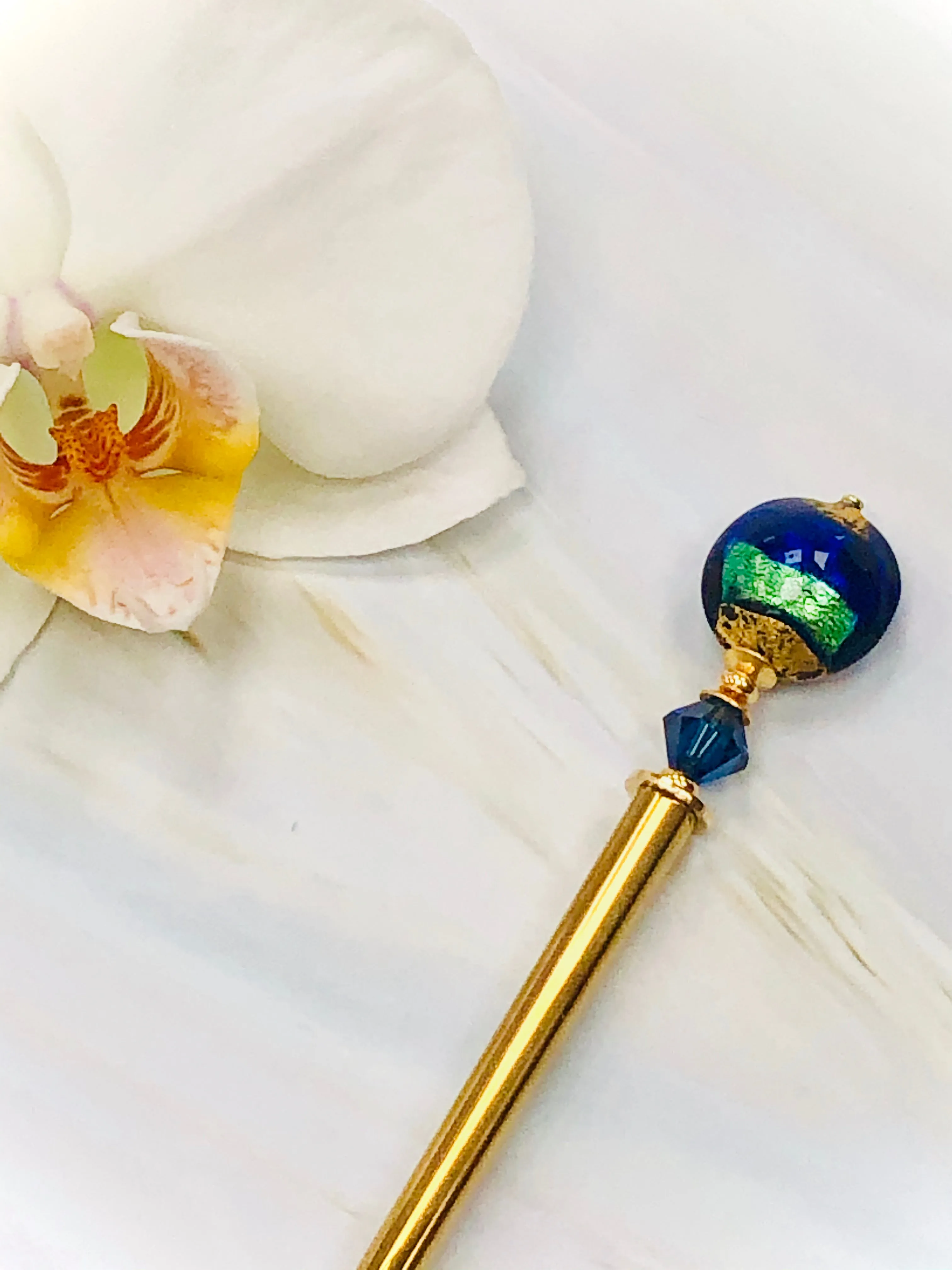 Cobalt Venetian 24k gold Art glass hair stick, gold hair pin, shawl pin, sweater pin