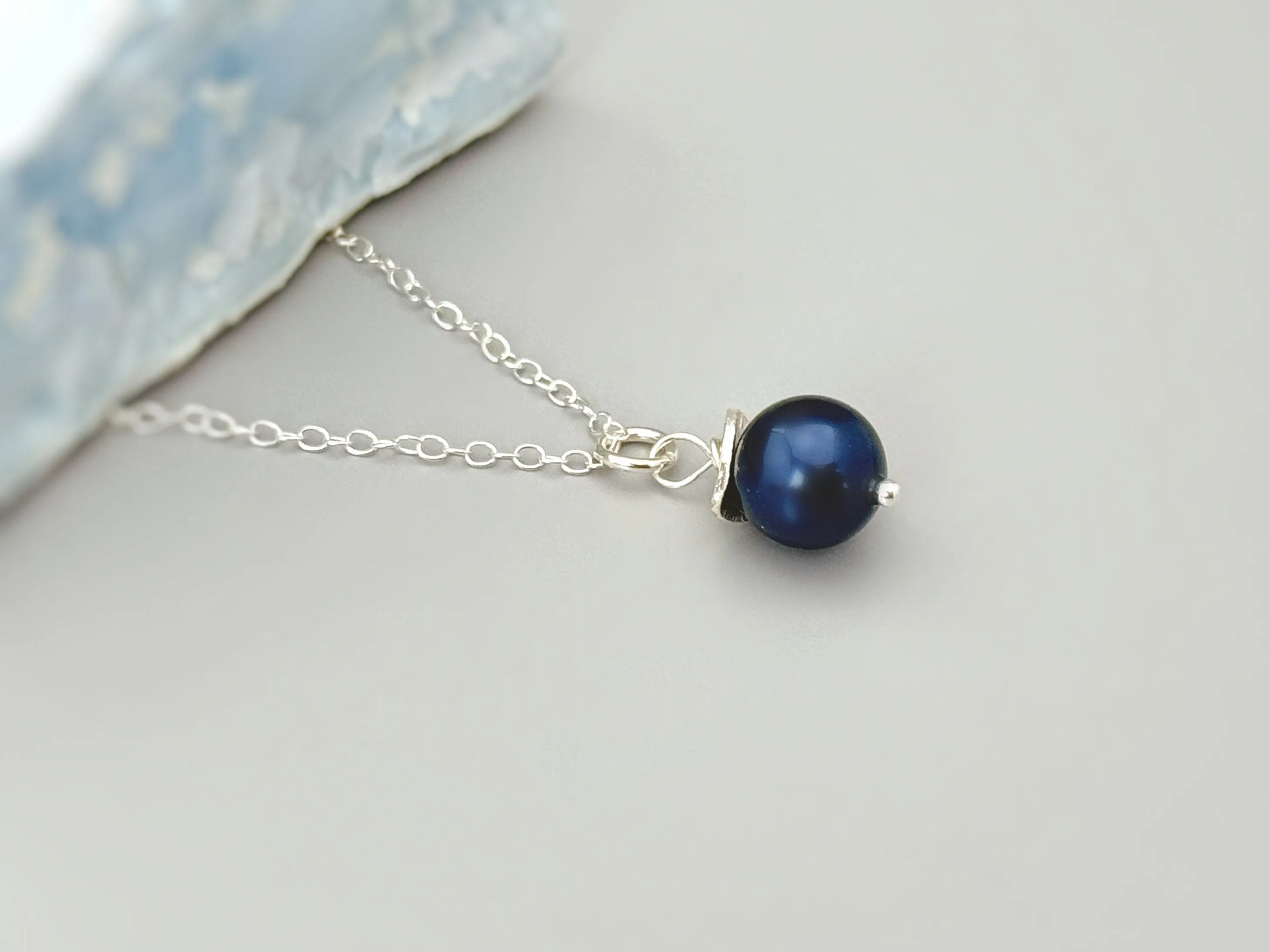 Dainty Blue Pearl Necklace Sterling Silver single pearl pendant