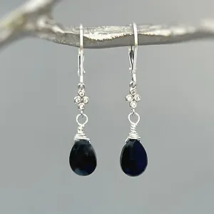 Dainty Crystal and Black Onyx earrings dangle, Sterling Silver