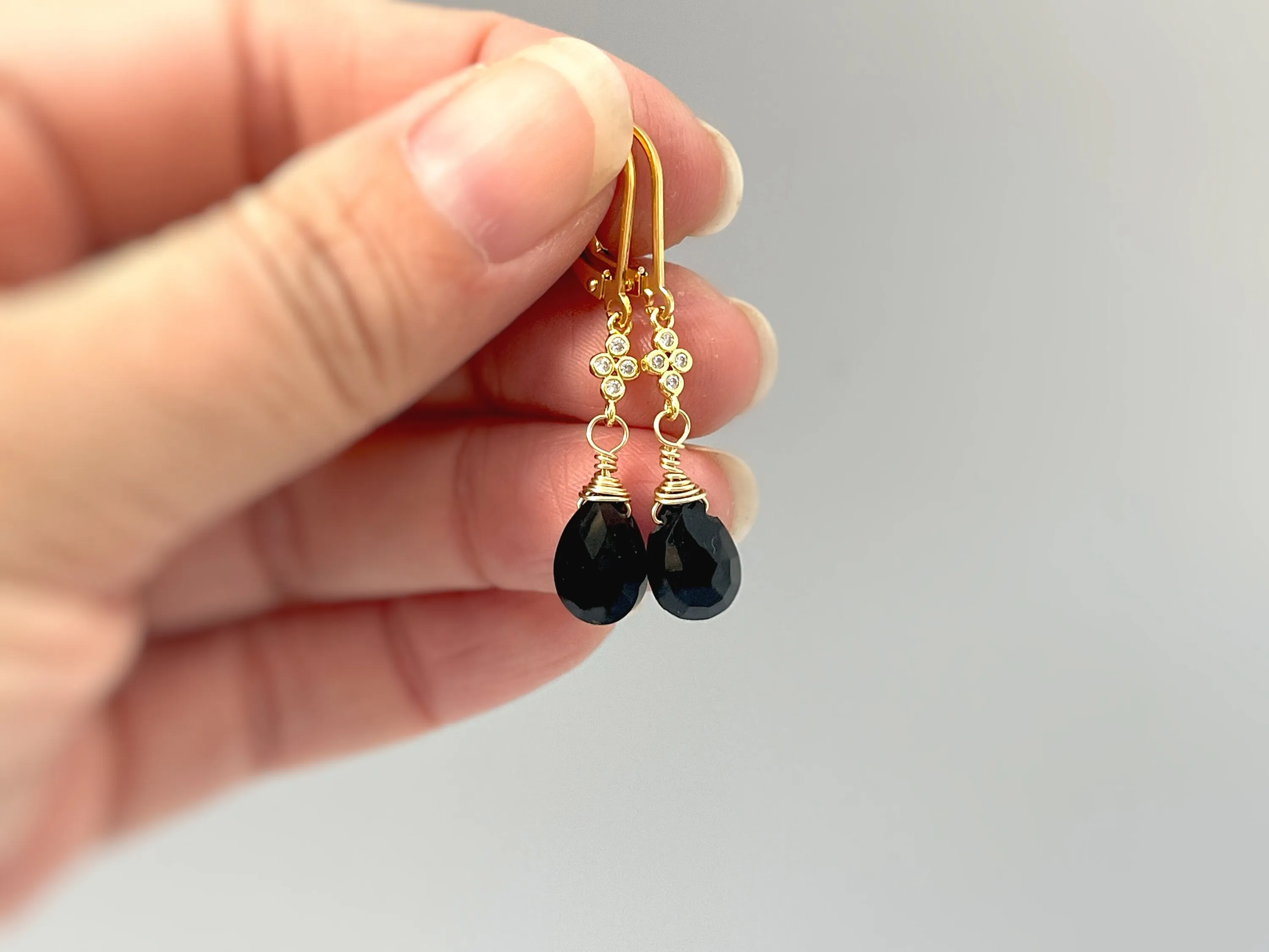 Dainty Crystal and Black Onyx earrings dangle, Sterling Silver