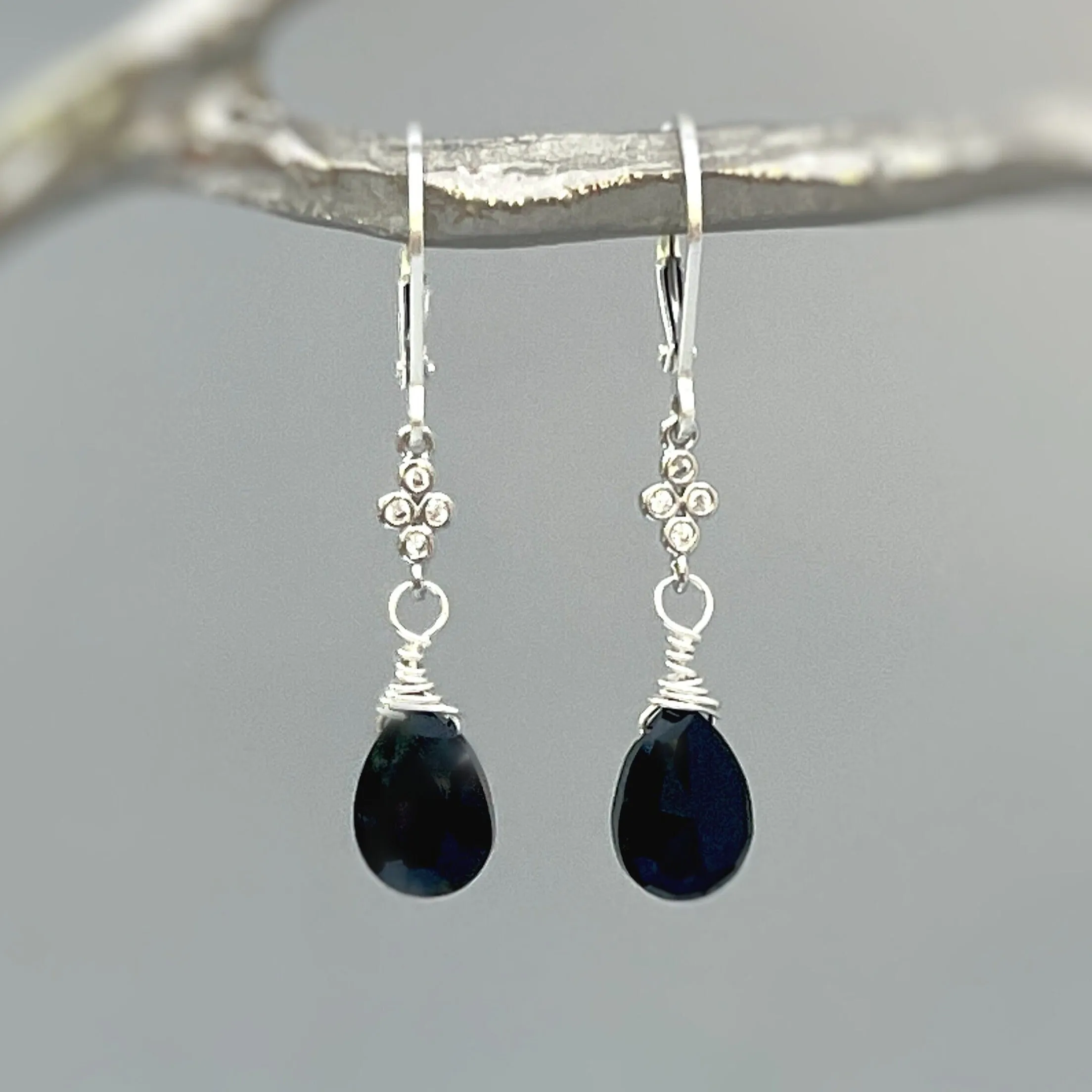 Dainty Crystal and Black Onyx earrings dangle, Sterling Silver