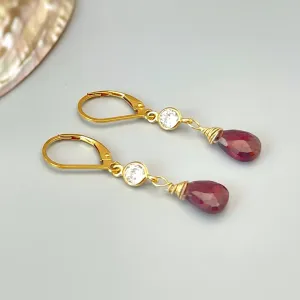 Dainty Crystal and Garnet Earrings dangle Gold