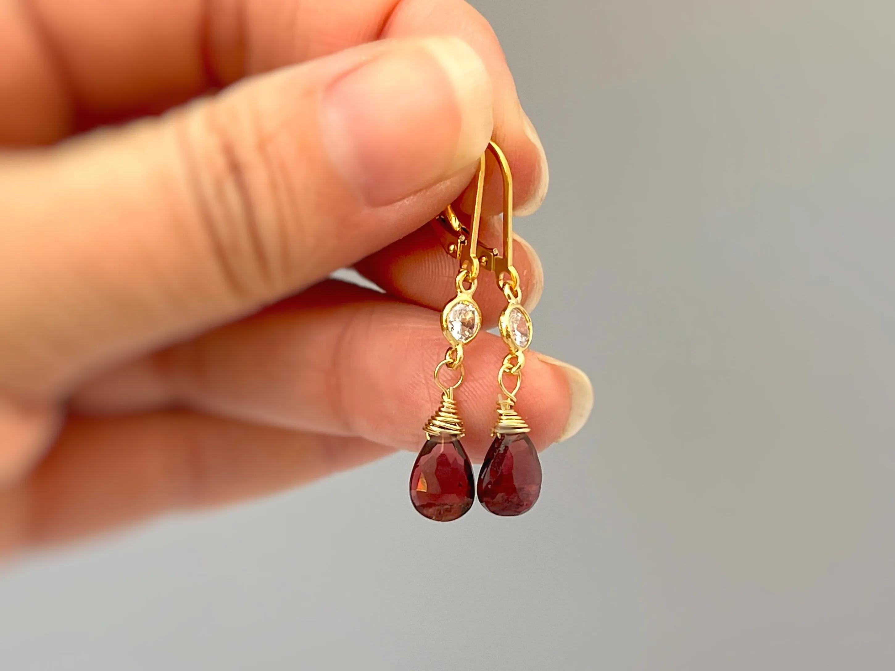 Dainty Crystal and Garnet Earrings dangle Gold