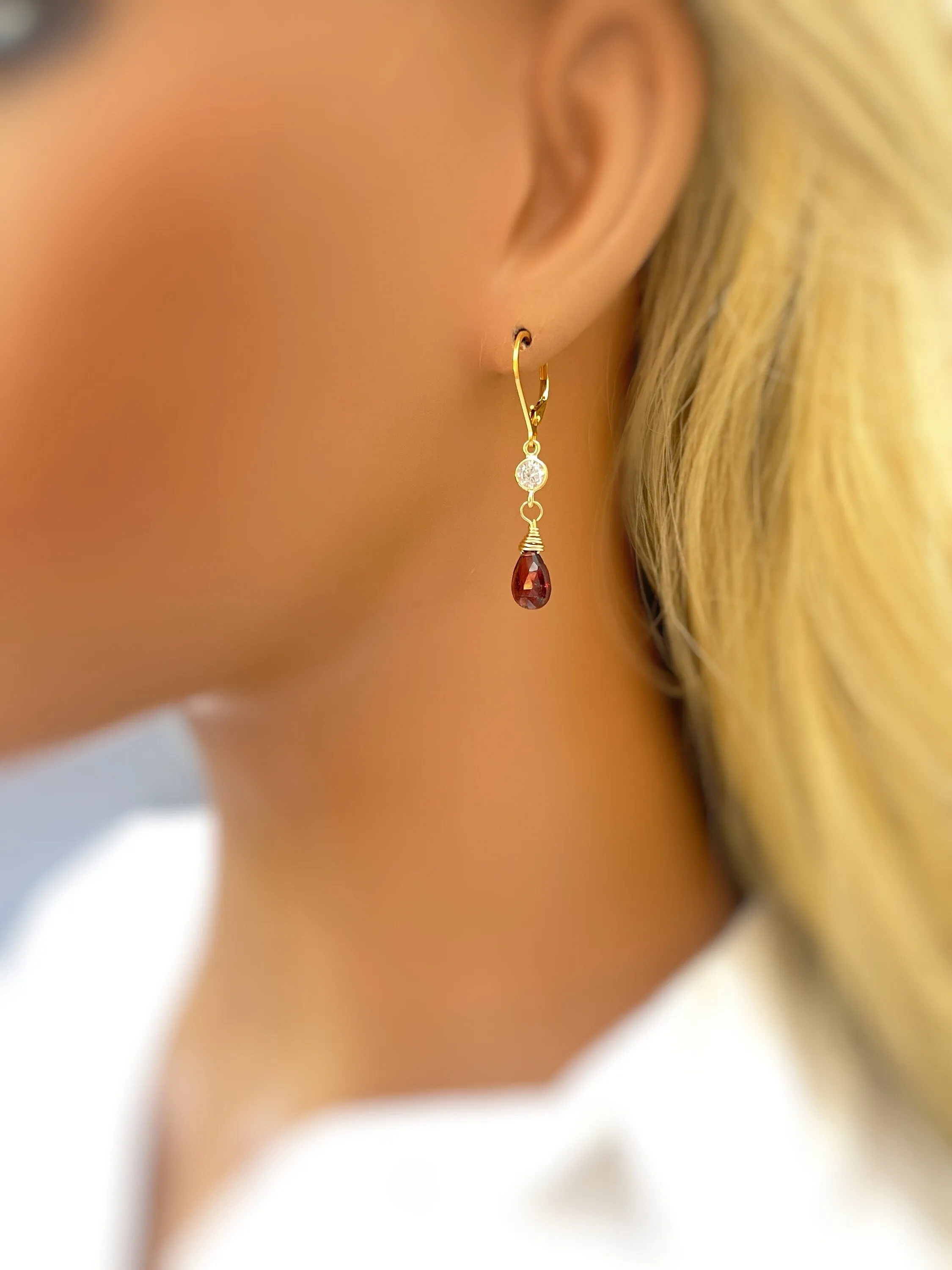 Dainty Crystal and Garnet Earrings dangle Gold