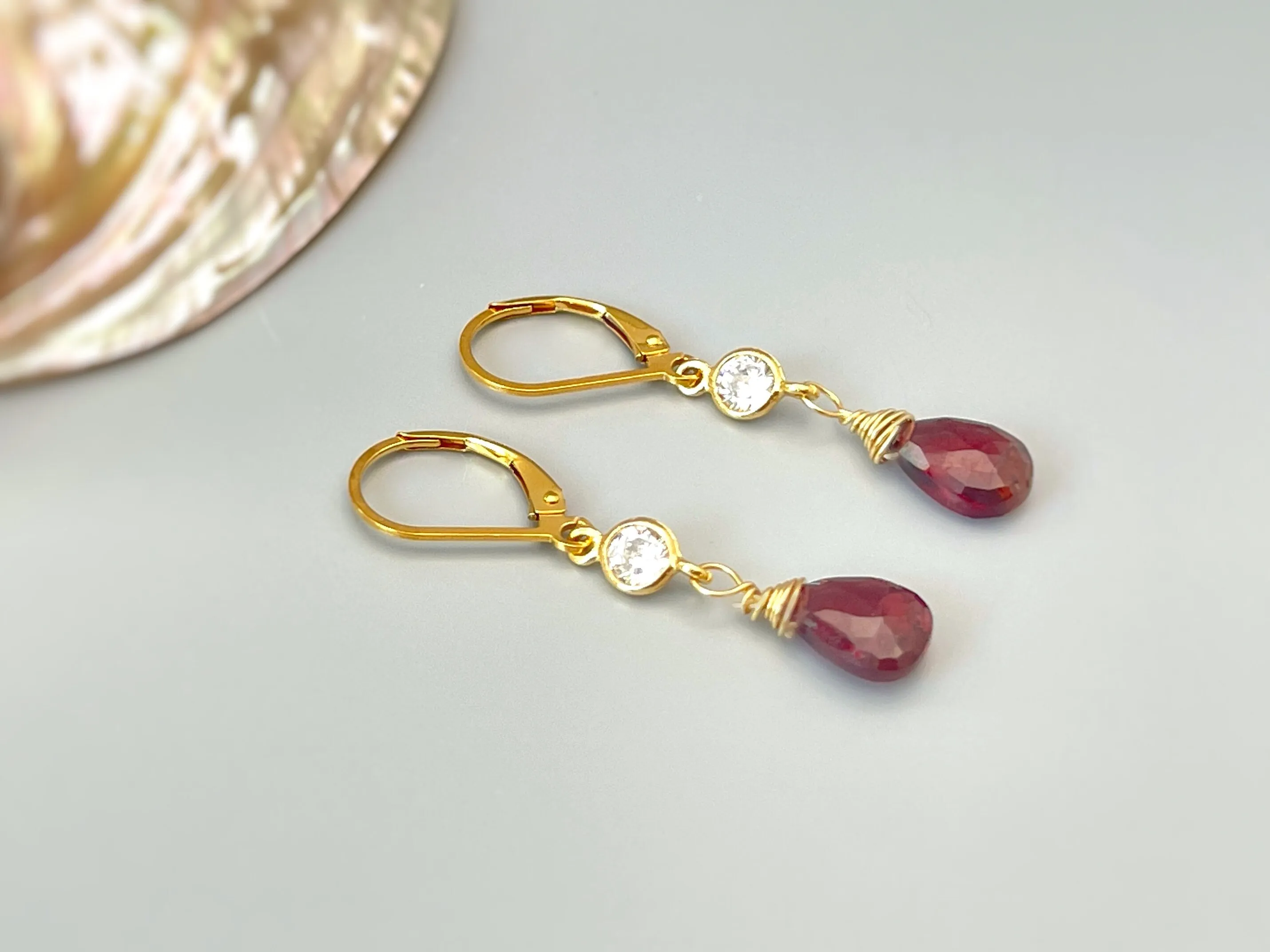 Dainty Crystal and Garnet Earrings dangle Gold