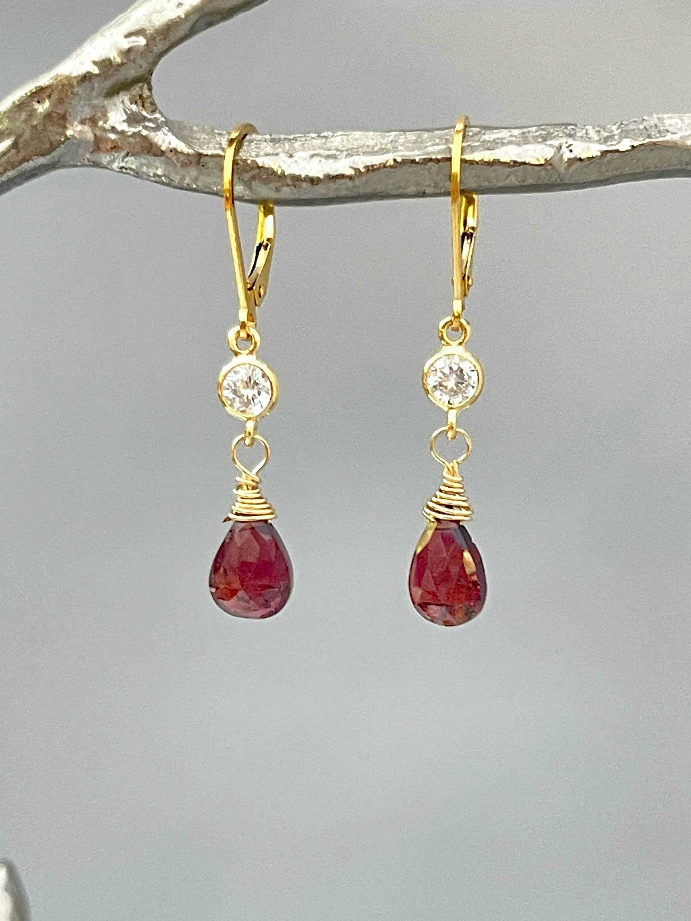 Dainty Crystal and Garnet Earrings dangle Gold