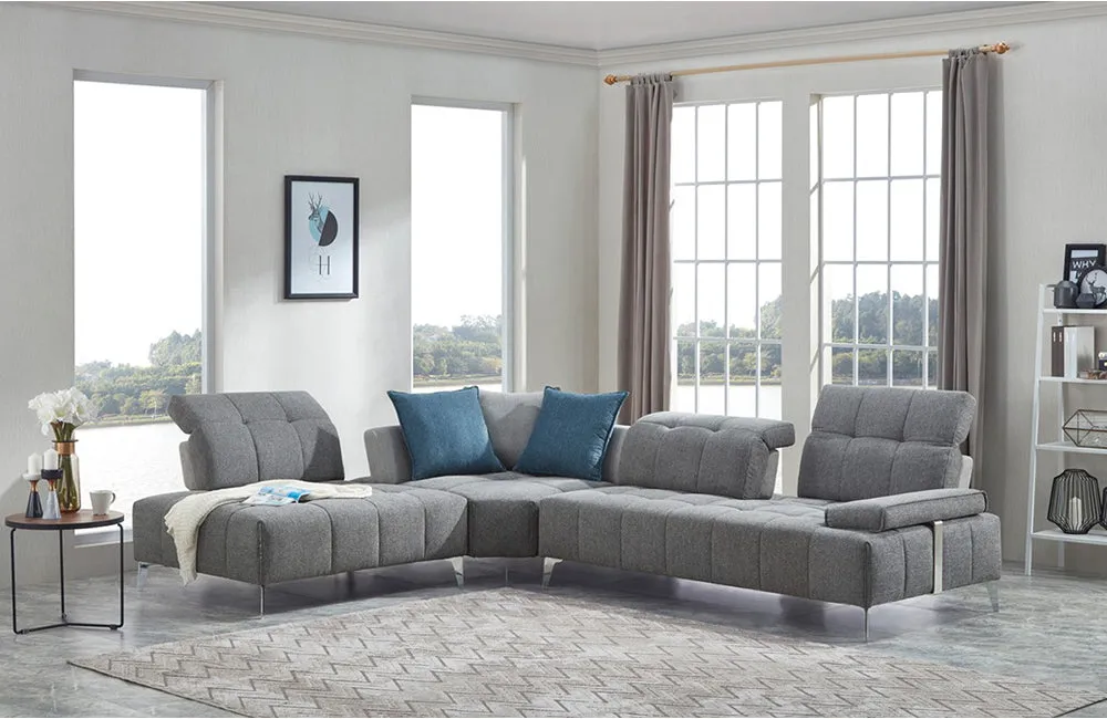 Divani Casa Nash Modern Grey Fabric Sectional Sofa Adjustable Backrest