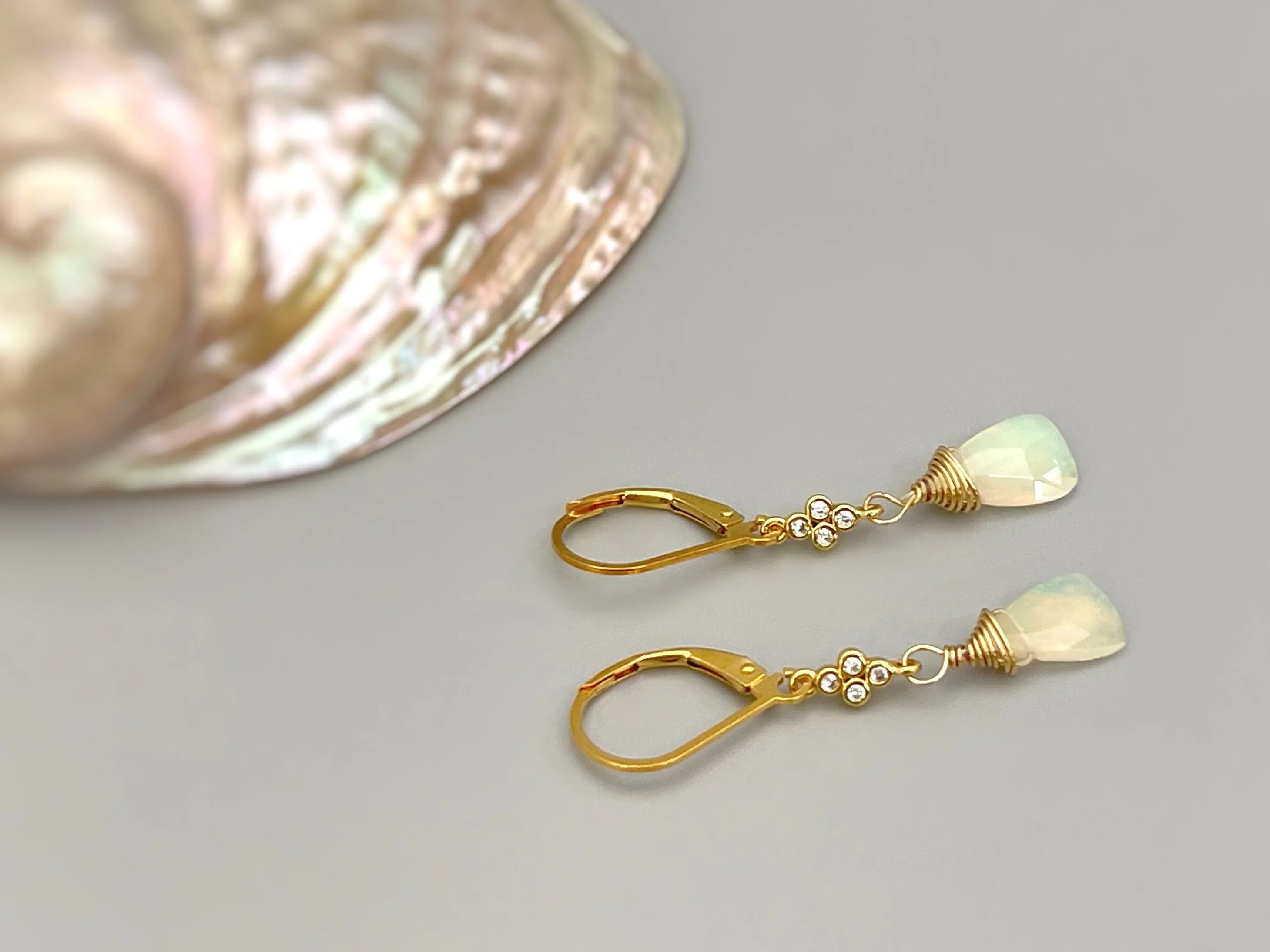 Genuine Opal earrings dangle, 14k Gold, Rose Gold, Sterling Silver with crystals