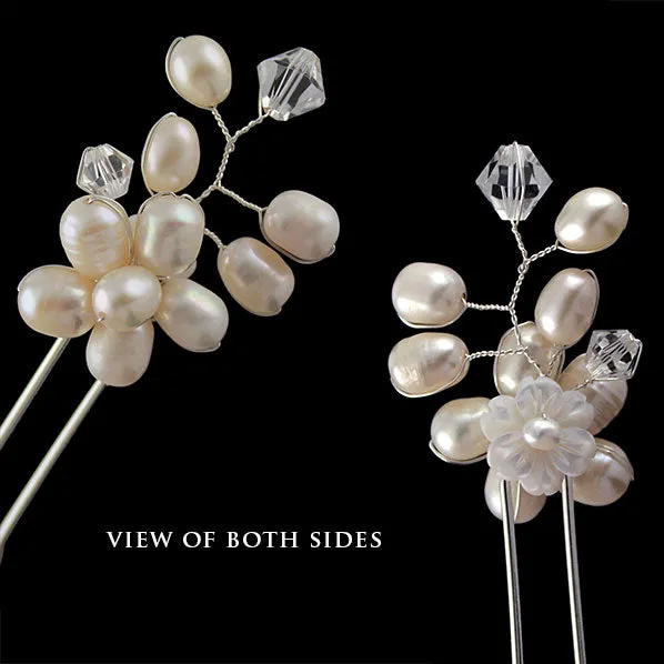 Handmade Double Side Bridal Fresh Water Pearl & Swarovski Crystal Floral Sprig Hairpins [Pair]