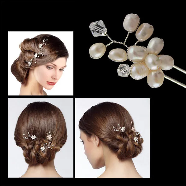 Handmade Double Side Bridal Fresh Water Pearl & Swarovski Crystal Floral Sprig Hairpins [Pair]