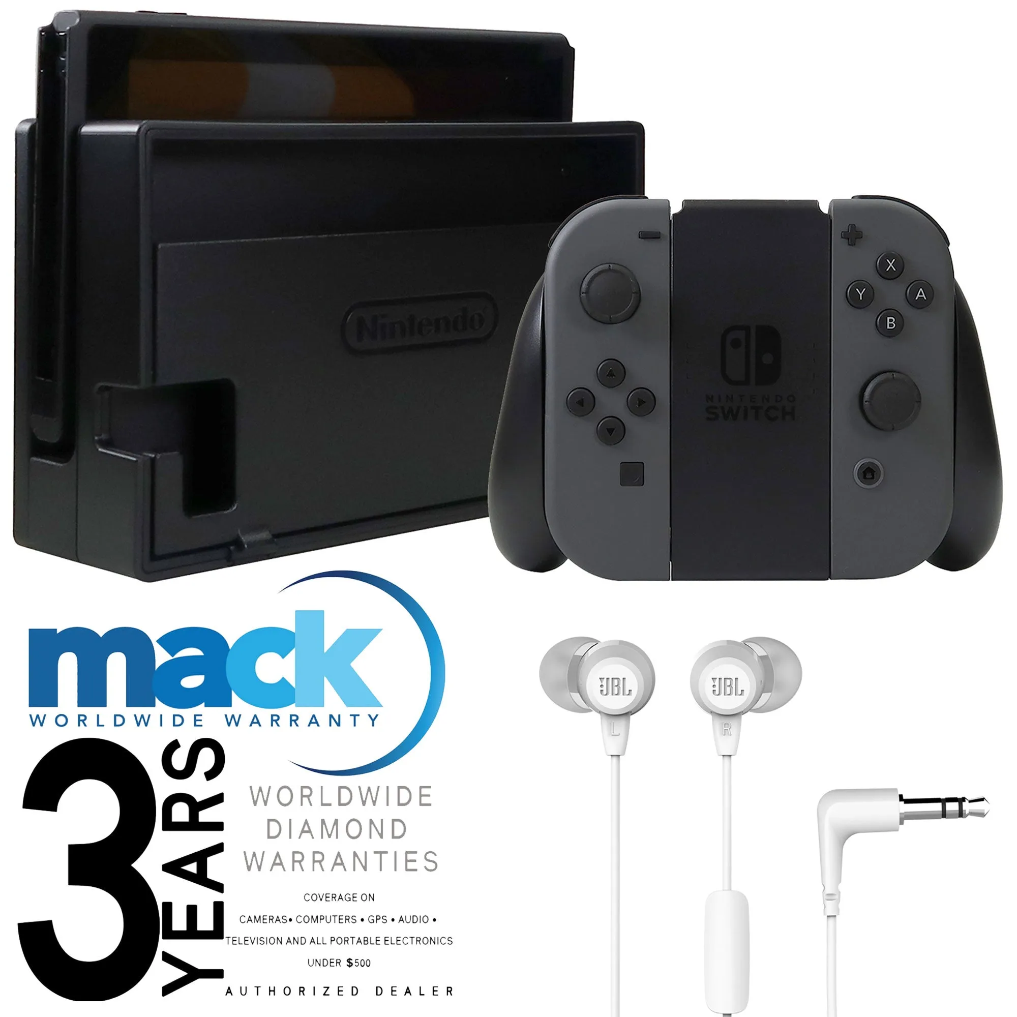 Nintendo Switch Console Version 2 Gray Joy Con with JBL C50HI In-Ear Headphones White and Mack 3yr Worldwide Diamond Warranty for Portable Electronic Devices Under $500