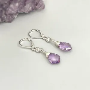 Pink Amethyst earrings dangle Sterling Silver, crystal