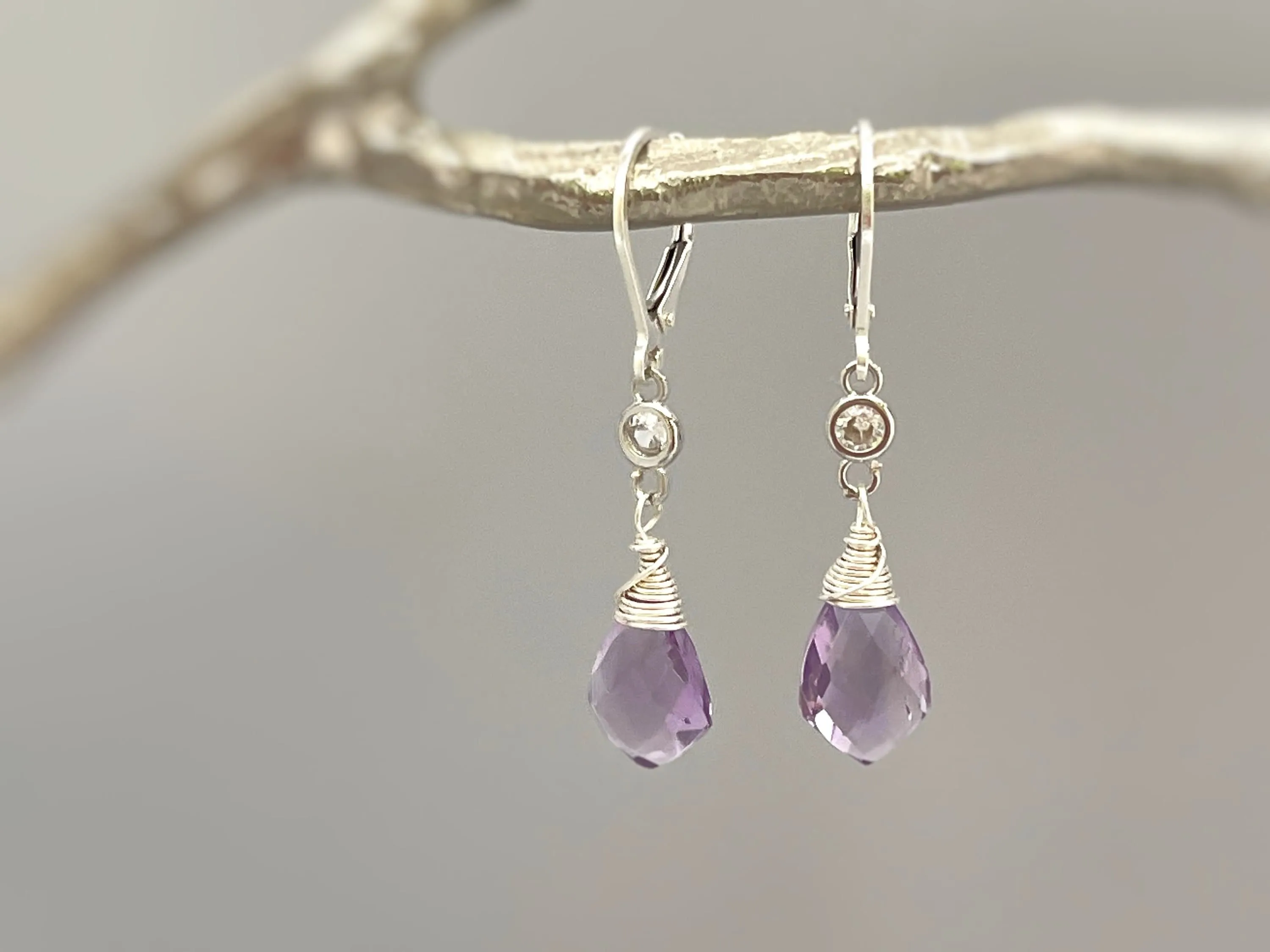 Pink Amethyst earrings dangle Sterling Silver, crystal