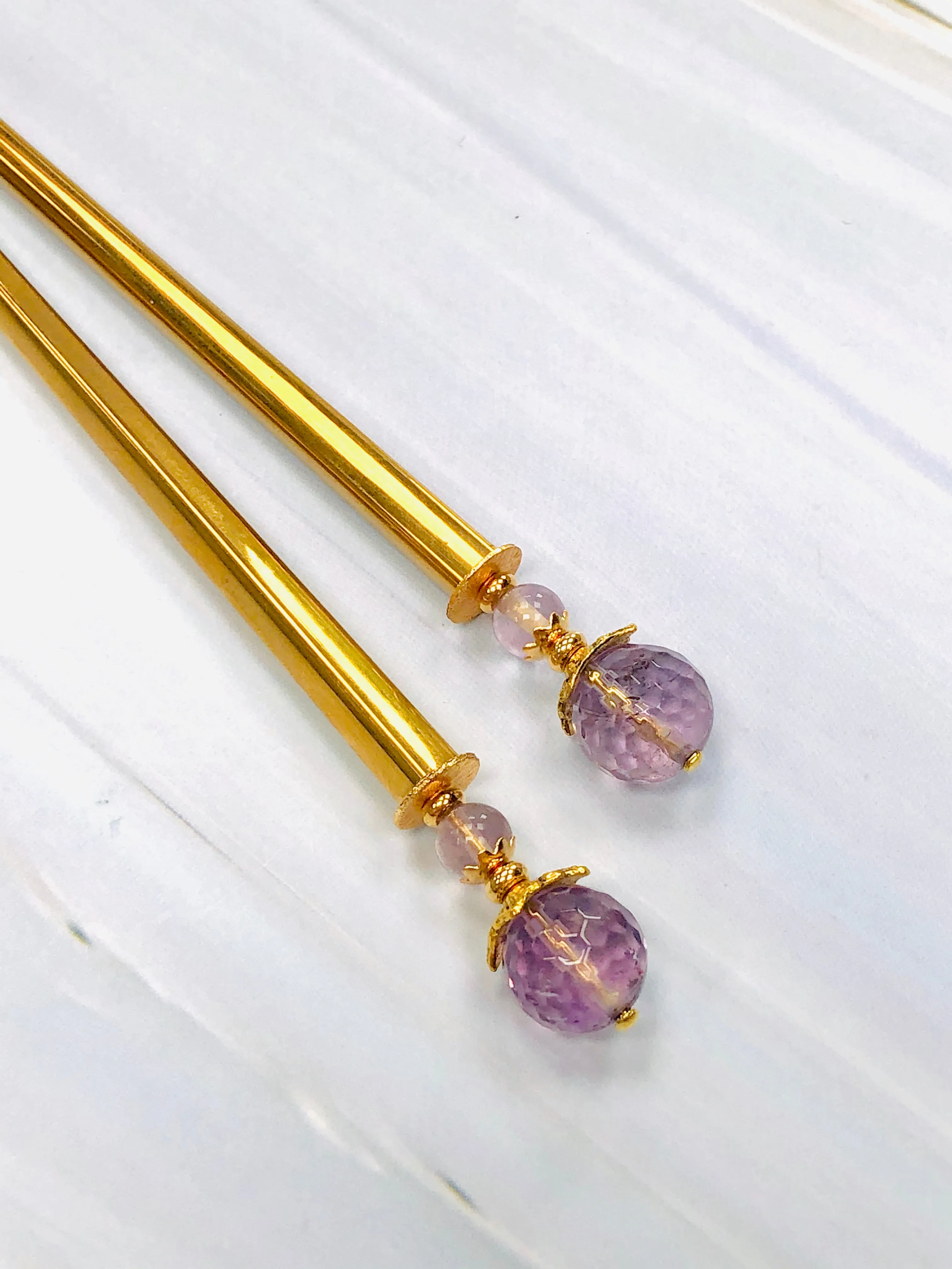 Pink Amethyst Gemstone Hair Sticks, Luxury Gold Hair Pins, gemstone shawl pin