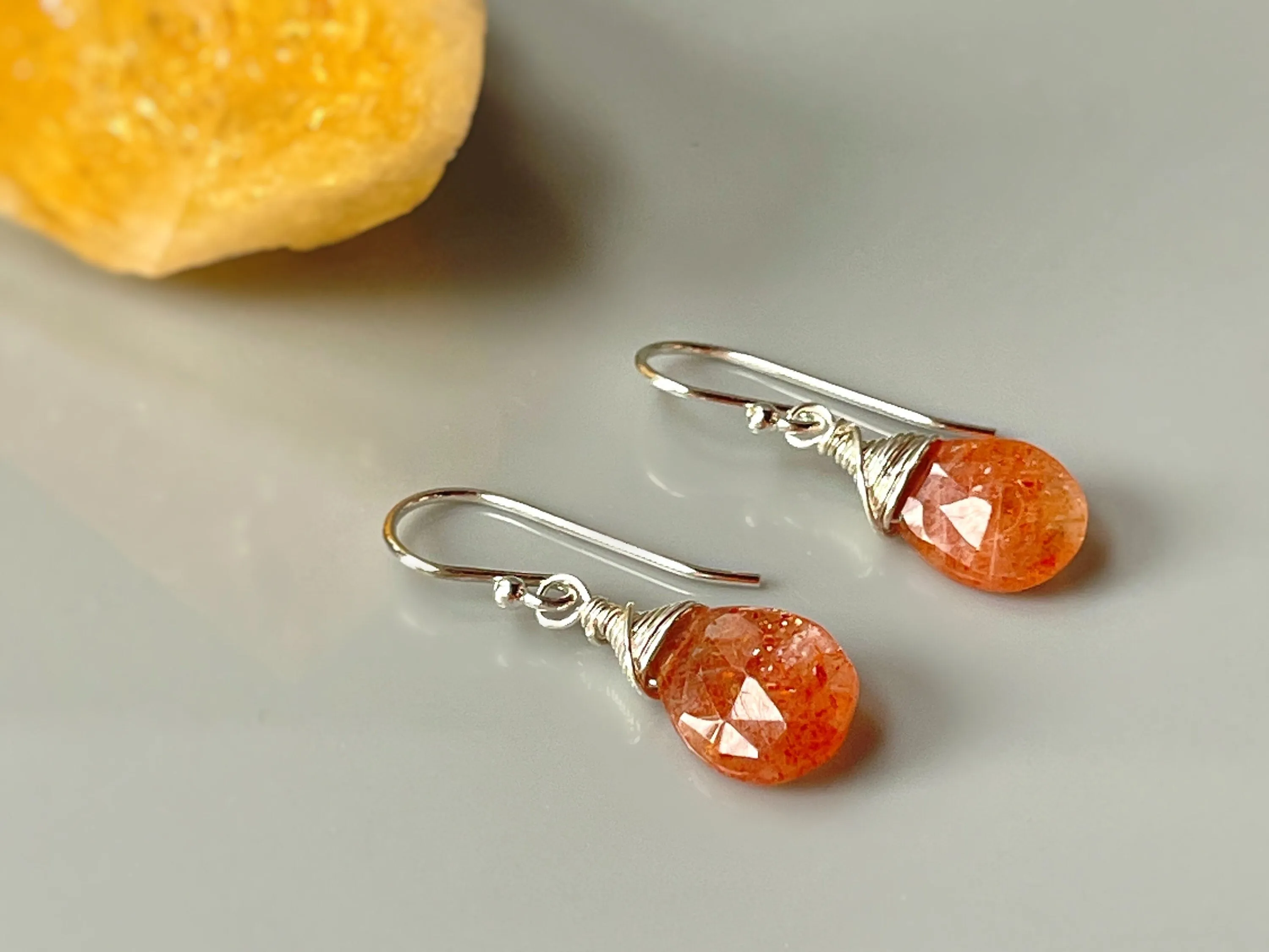 Sunstone Earrings dangle 14k Gold fill