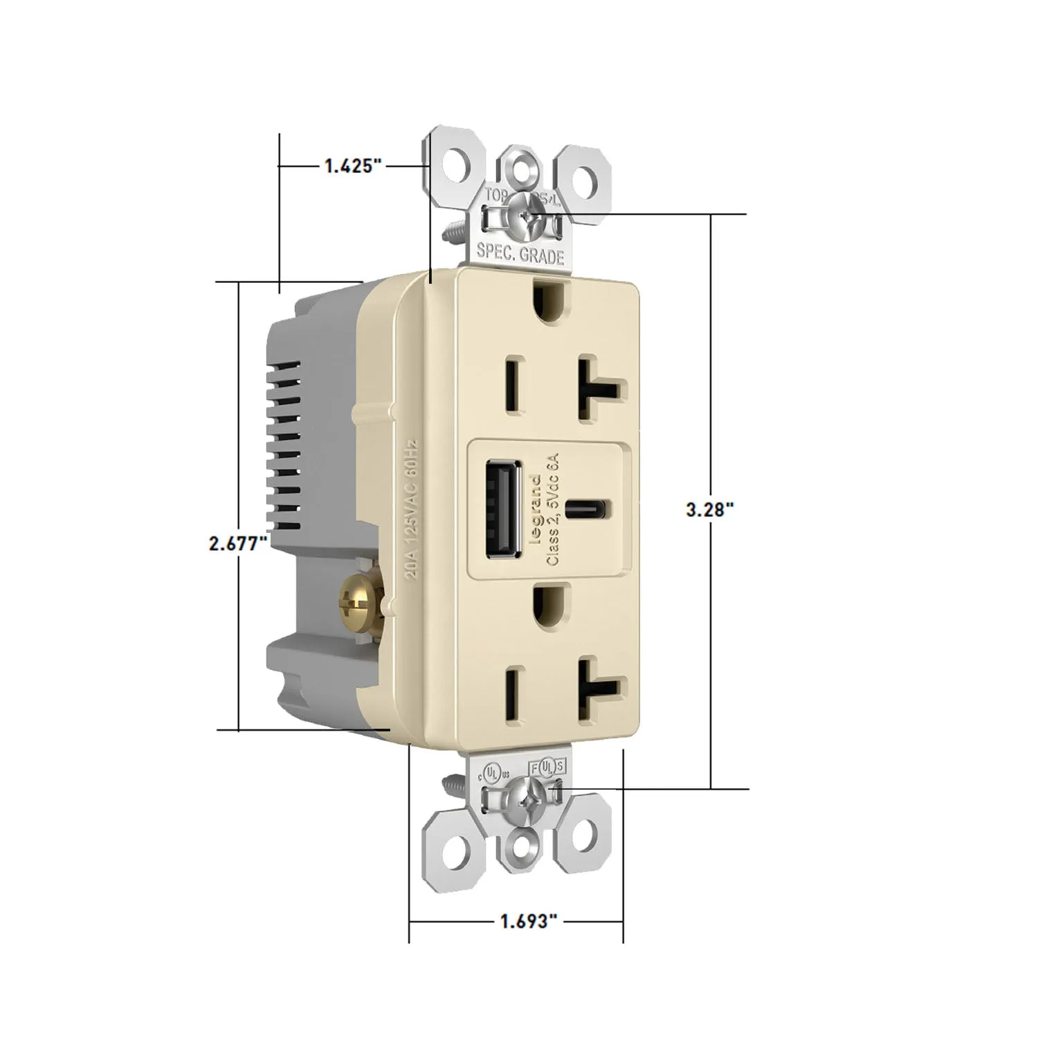 Tamper Resistant 20A Duplex Receptacle with USB Type A/C Fast Charging, Nickel