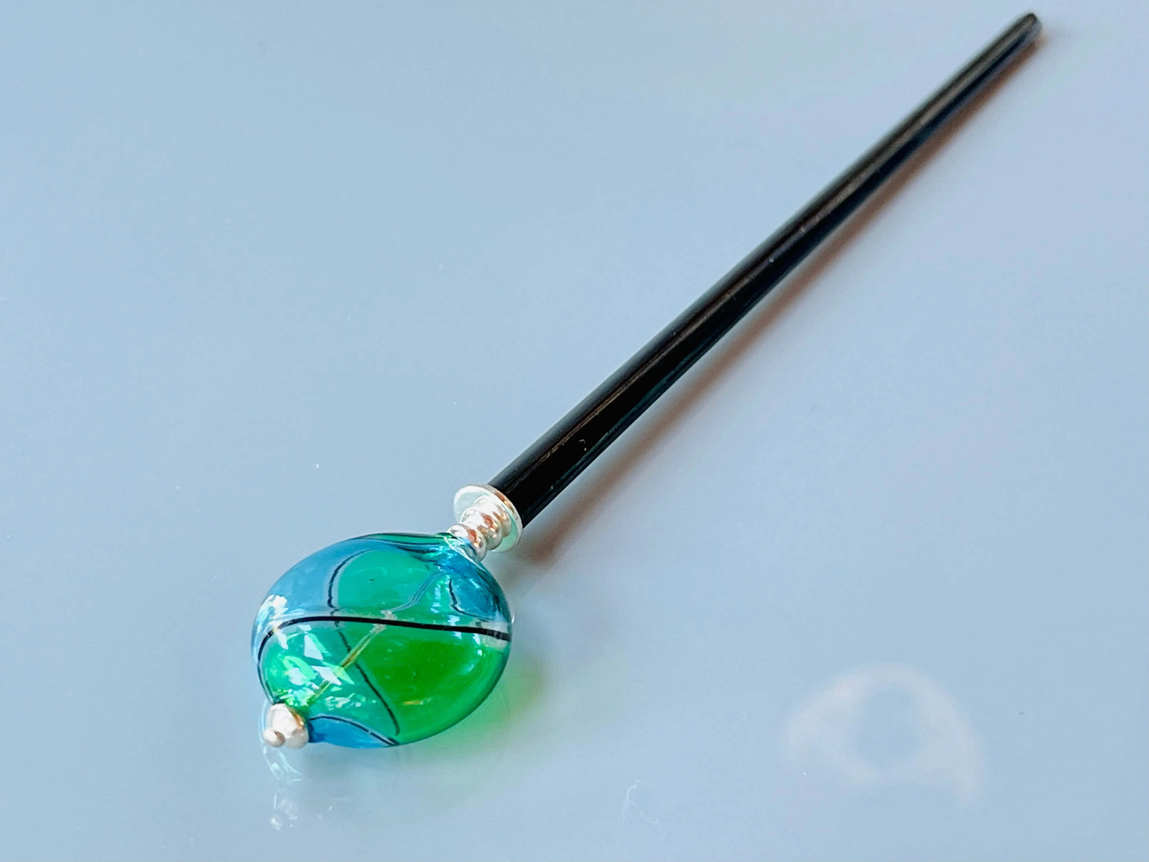 Teal and Green Blown Glass hair stick, artisan handmade hair stick, shawl pin