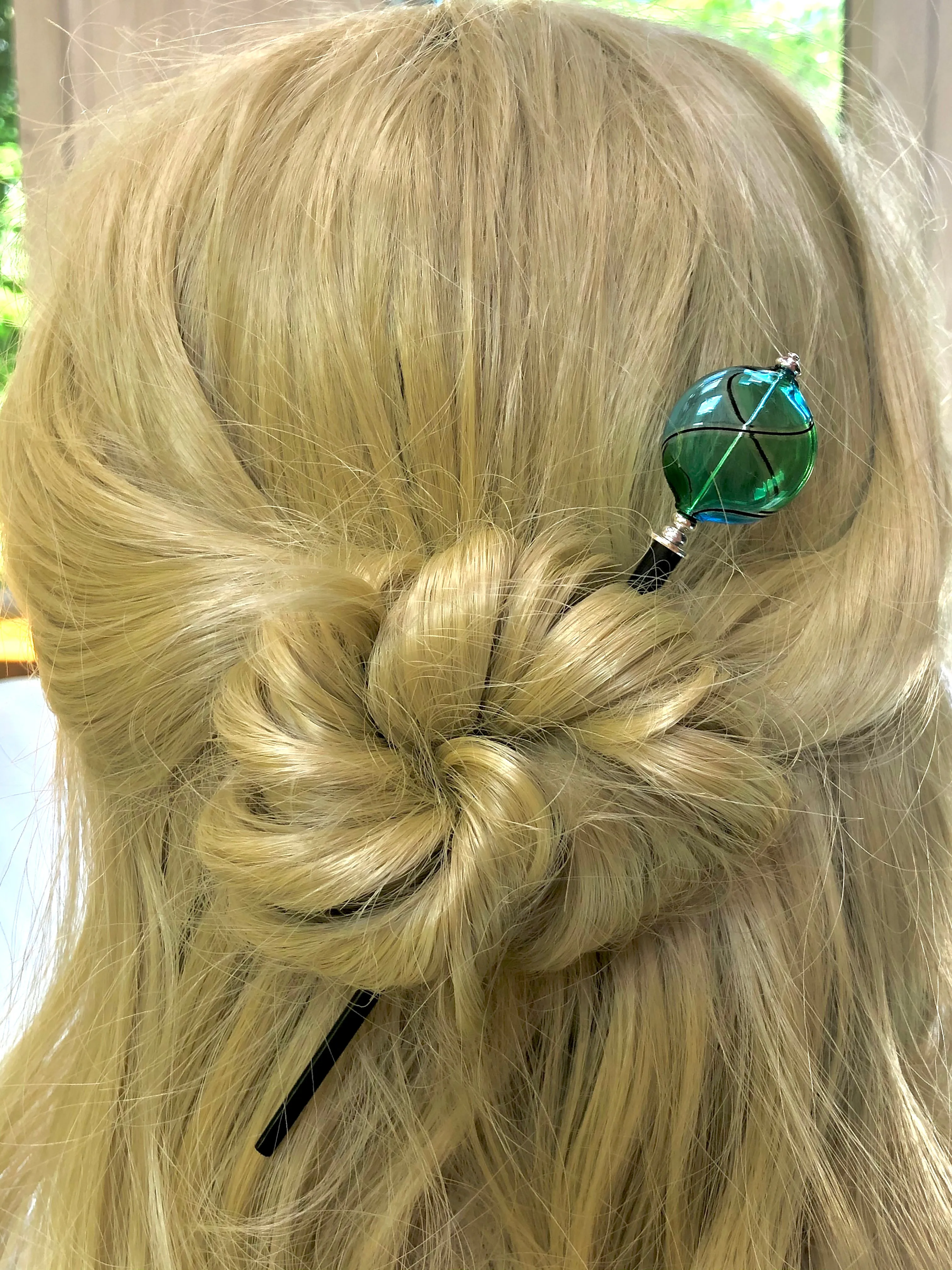 Teal and Green Blown Glass hair stick, artisan handmade hair stick, shawl pin