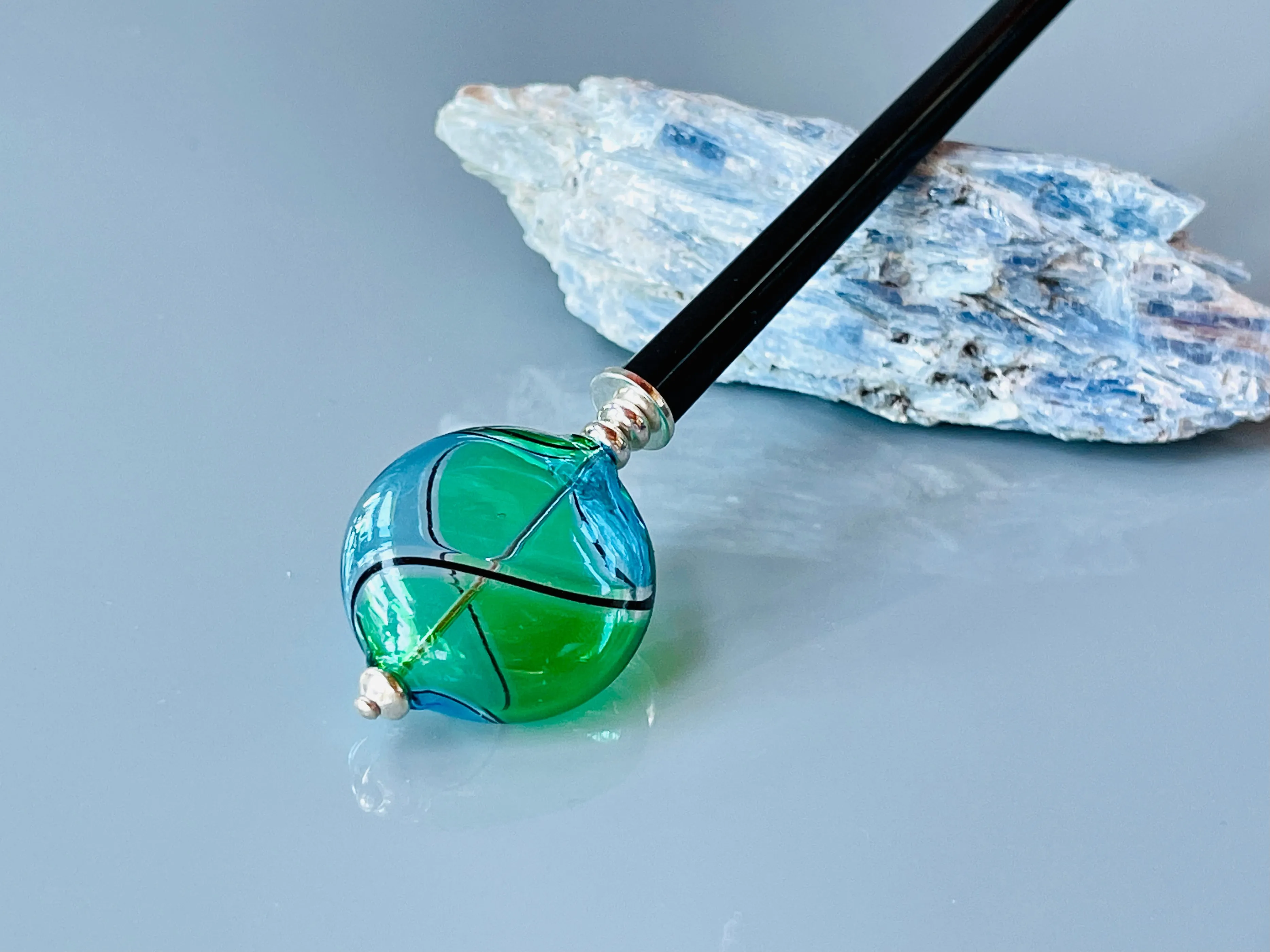 Teal and Green Blown Glass hair stick, artisan handmade hair stick, shawl pin