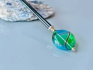 Teal and Green Blown Glass hair stick, artisan handmade hair stick, shawl pin