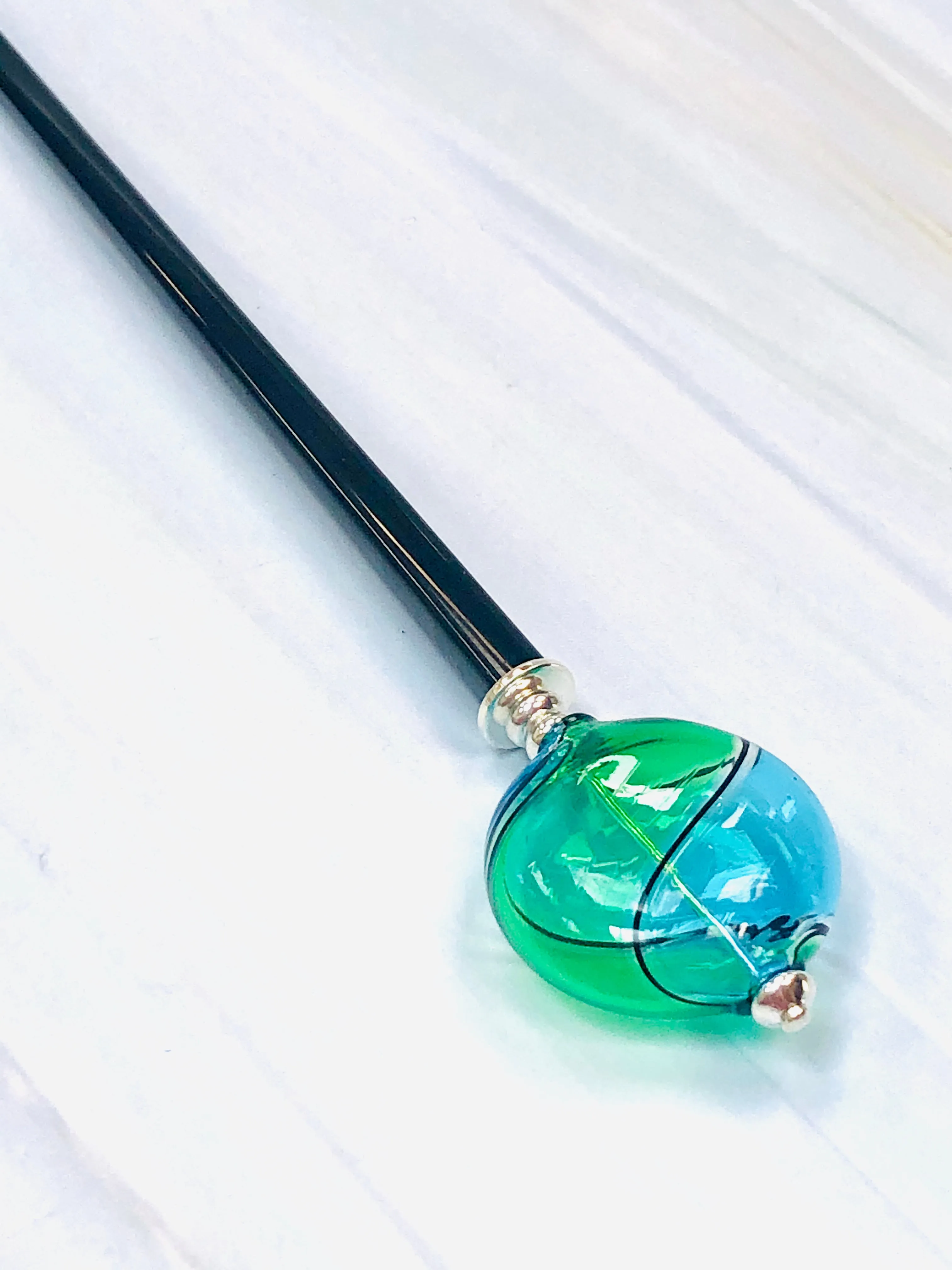 Teal and Green Blown Glass hair stick, artisan handmade hair stick, shawl pin