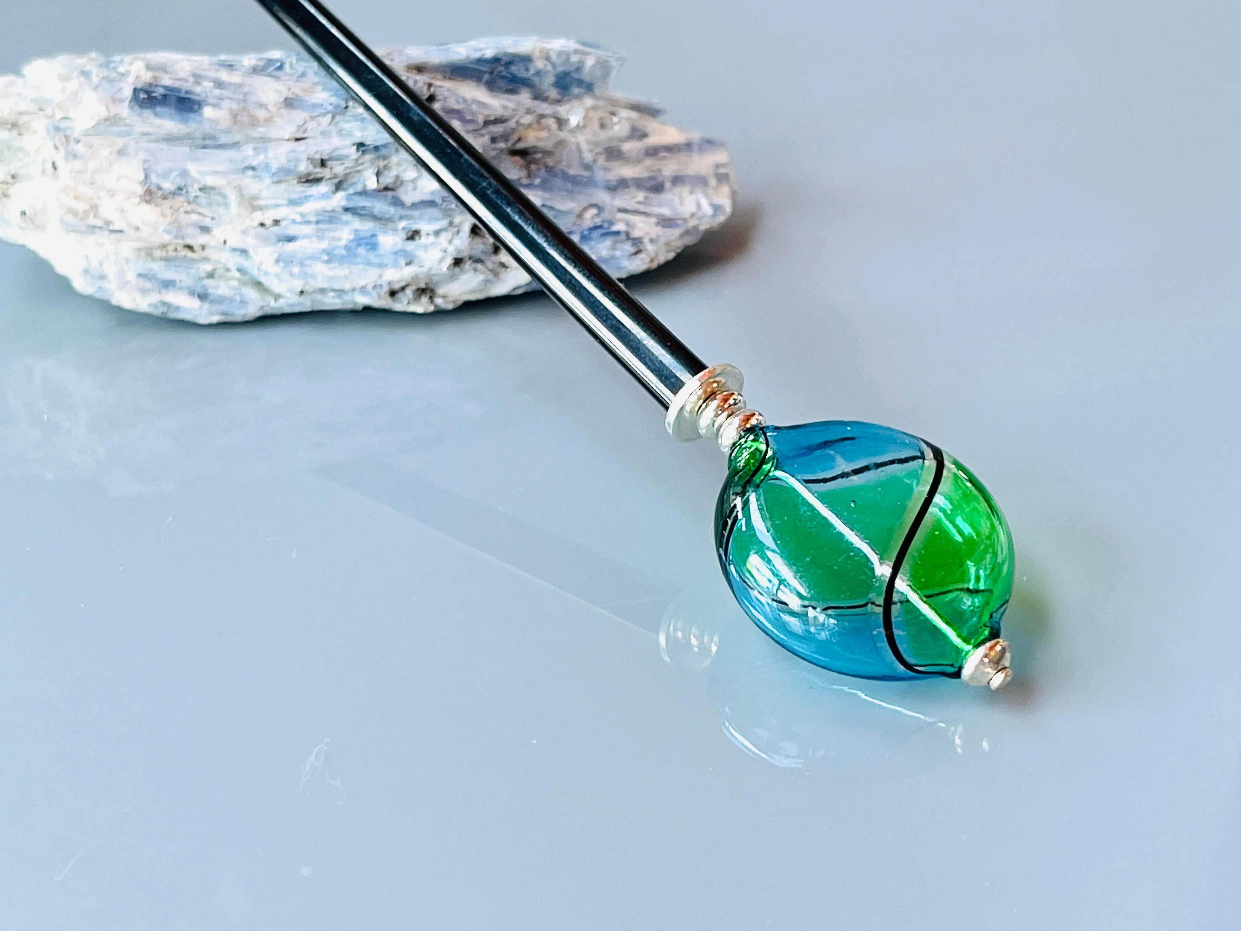 Teal and Green Blown Glass hair stick, artisan handmade hair stick, shawl pin