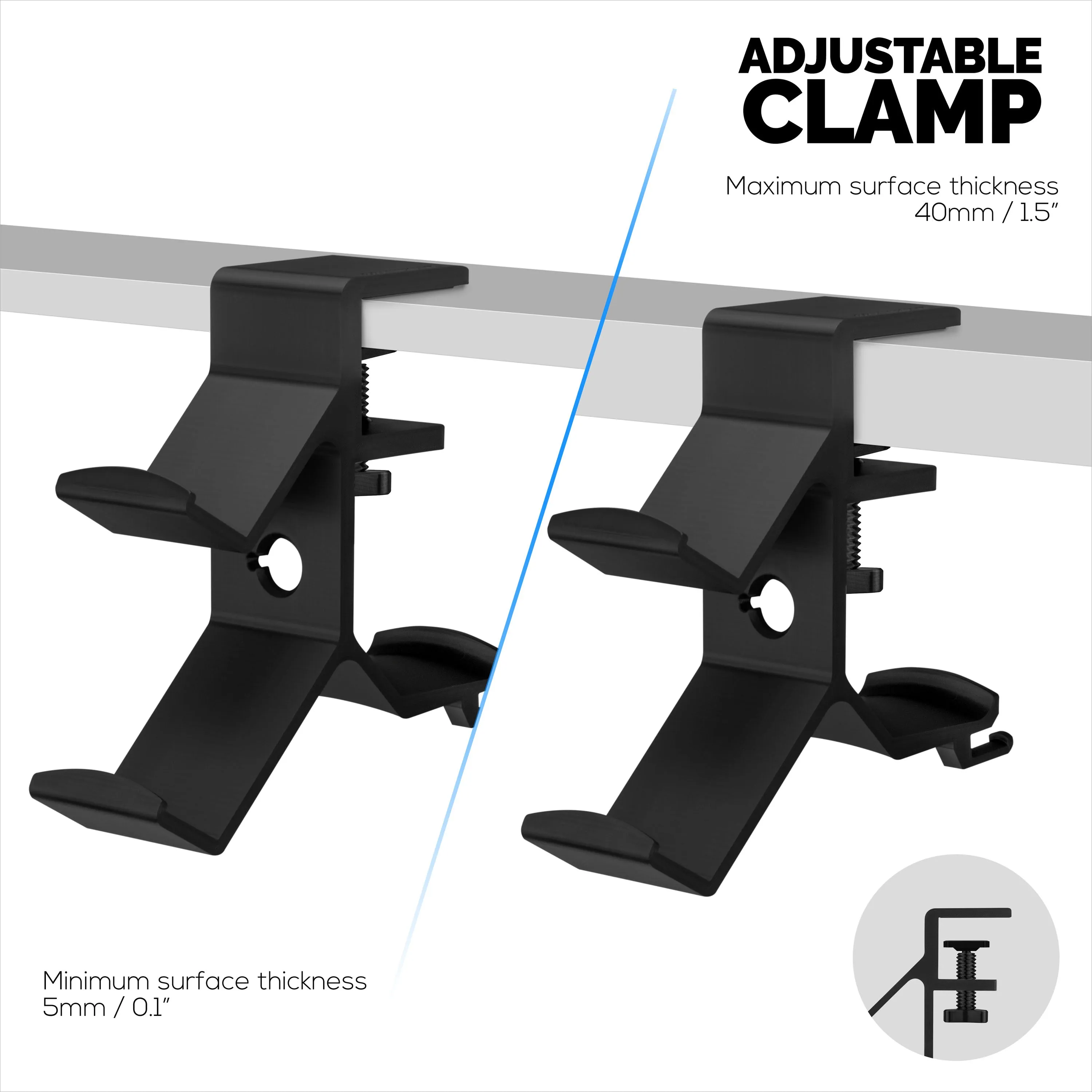 The Grebe - Headphone & Dual Game Controller Holder - Attaches to Side of Desk, Under Desk Headset Holder, Suitable for All Headphones & Gamepads