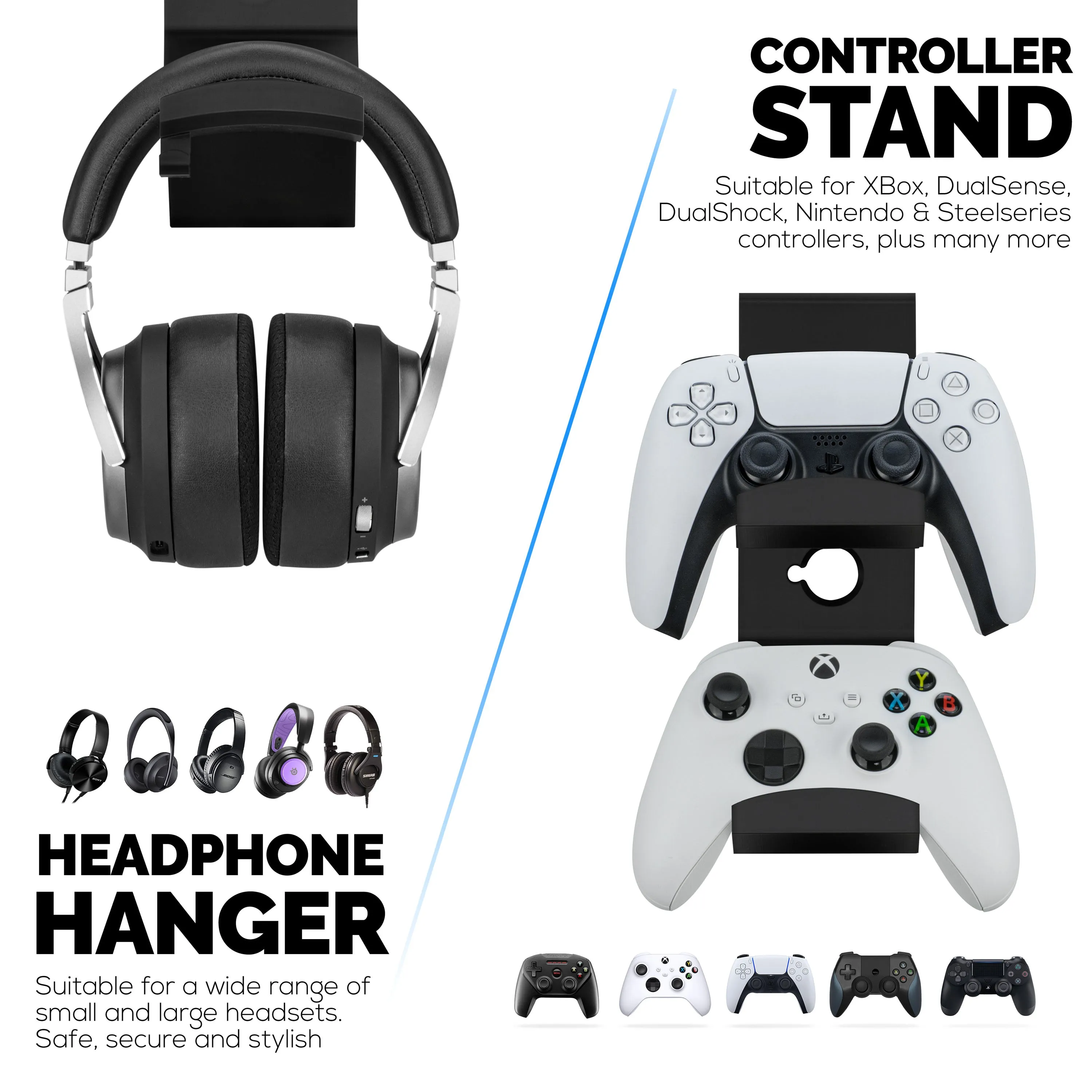 The Grebe - Headphone & Dual Game Controller Holder - Attaches to Side of Desk, Under Desk Headset Holder, Suitable for All Headphones & Gamepads