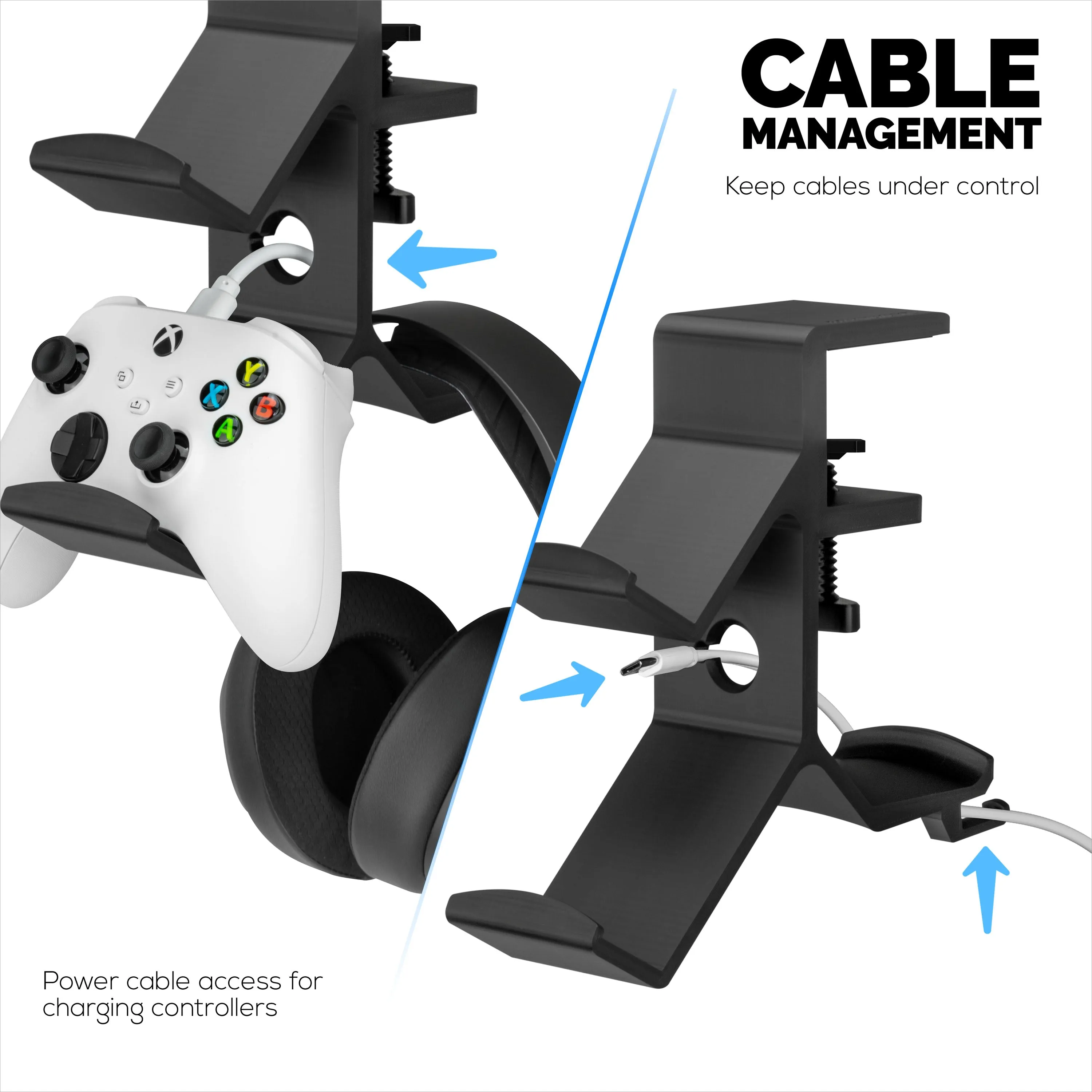 The Grebe - Headphone & Dual Game Controller Holder - Attaches to Side of Desk, Under Desk Headset Holder, Suitable for All Headphones & Gamepads