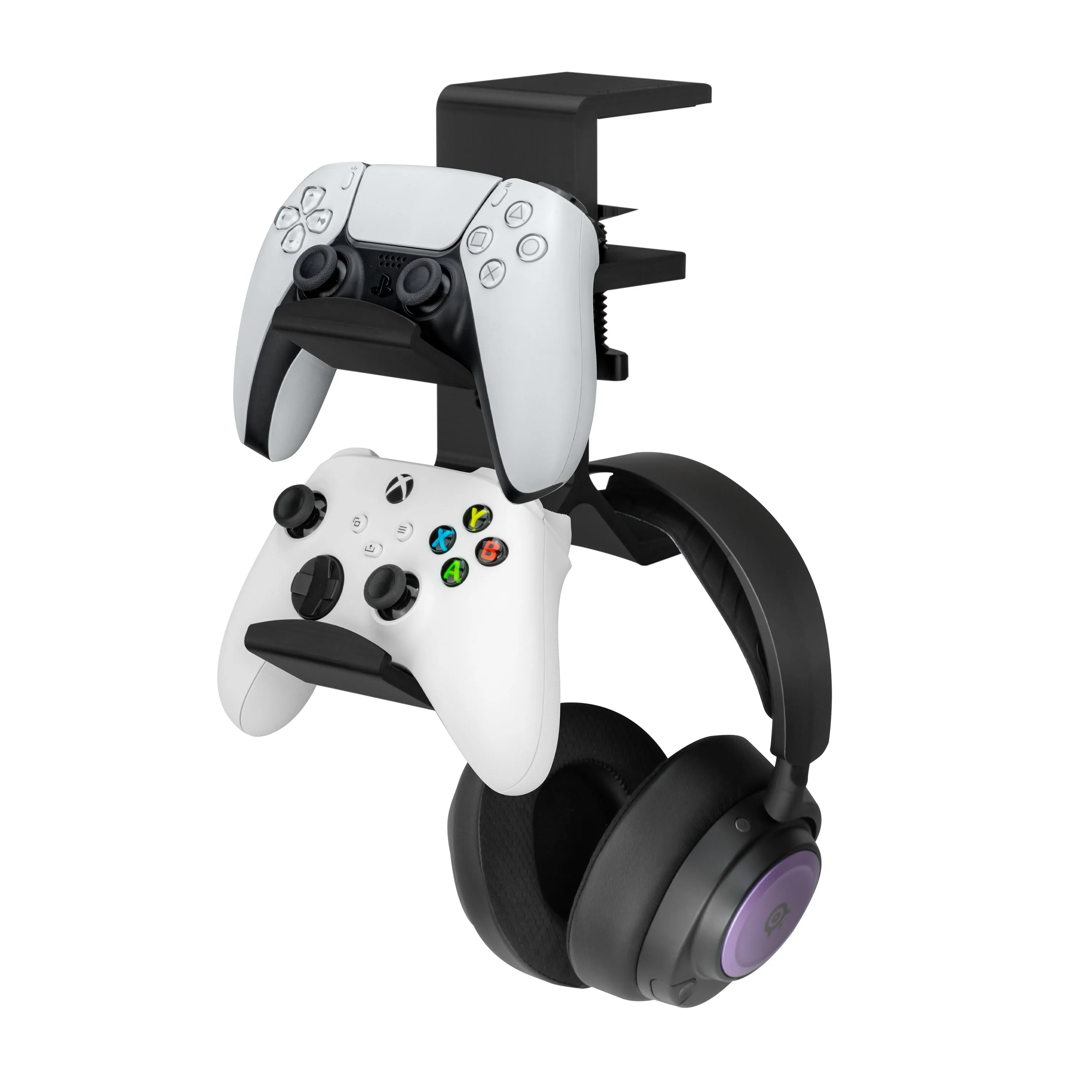 The Grebe - Headphone & Dual Game Controller Holder - Attaches to Side of Desk, Under Desk Headset Holder, Suitable for All Headphones & Gamepads