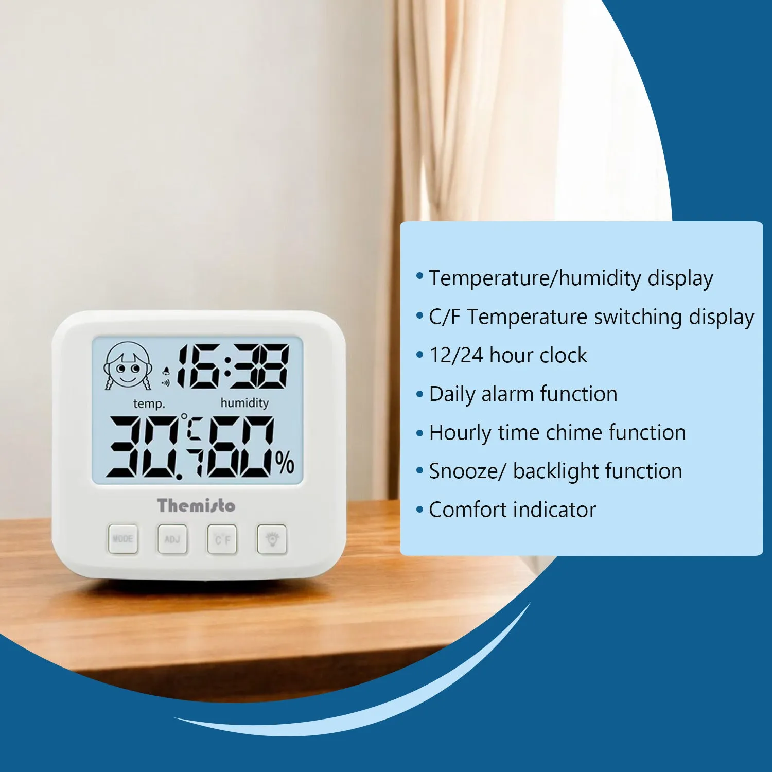 Themisto TH-HTC5 Digital Hygrometer Thermometer Humidity Meter With Clock LCD Display