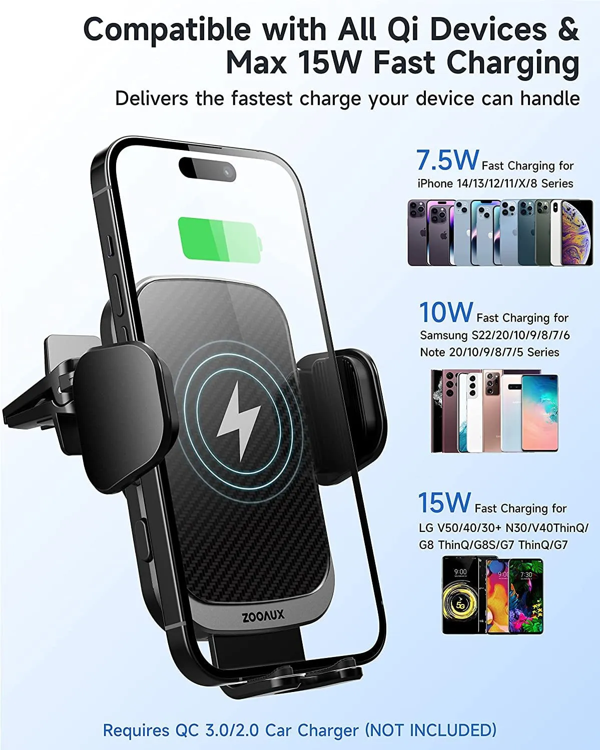 ZOOAUX Wireless Car Charger Vent Mount, 15W Qi Fast Charging Auto-Clamping Car Mount, Air Vent Car Phone Holder for Iphone 13/13 Mini/12/11/Xs/Xr/X/8,Samsung S22/S21/S20/S10/S9 Note 10(Grey)